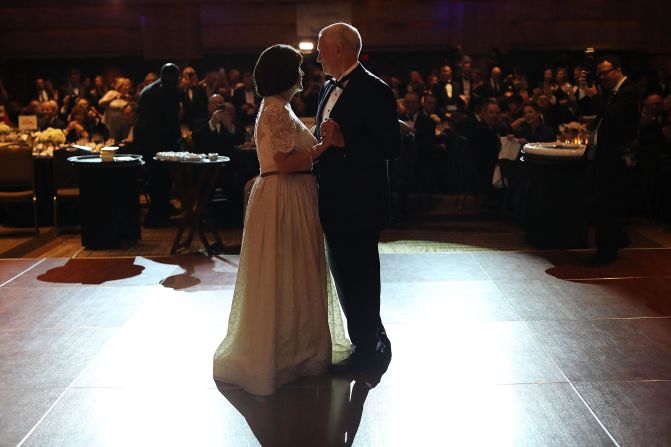 Pence and his wife, Karen, take the first dance at the Indiana Society's Inaugural Ball in January 2017.