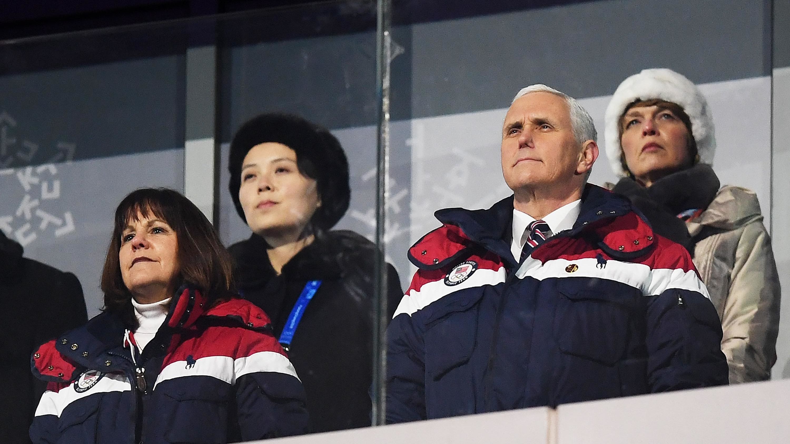 Pence and his wife, Karen, attend the opening ceremony of the Winter Olympics in Pyeongchang, South Korea, in February 2018. Kim Yo Jong, the sister of North Korean leader Kim Jong Un, is seated at back left.