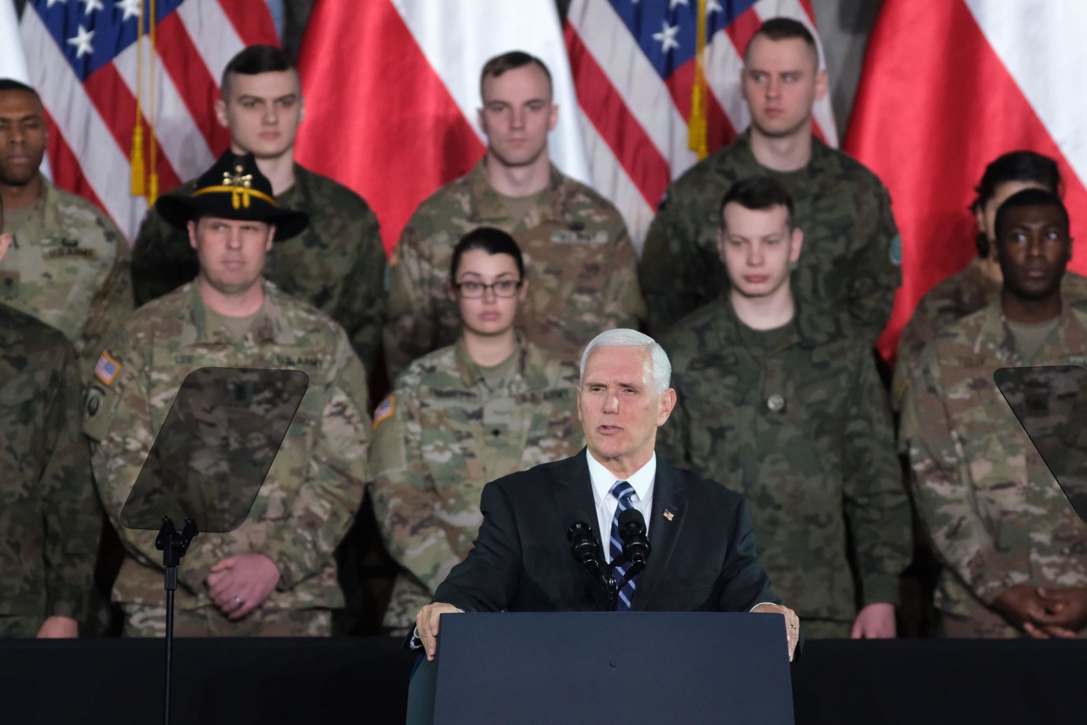 Pence speaks while visiting US and Polish soldiers at a military base in Warsaw, Poland, in February 2019.