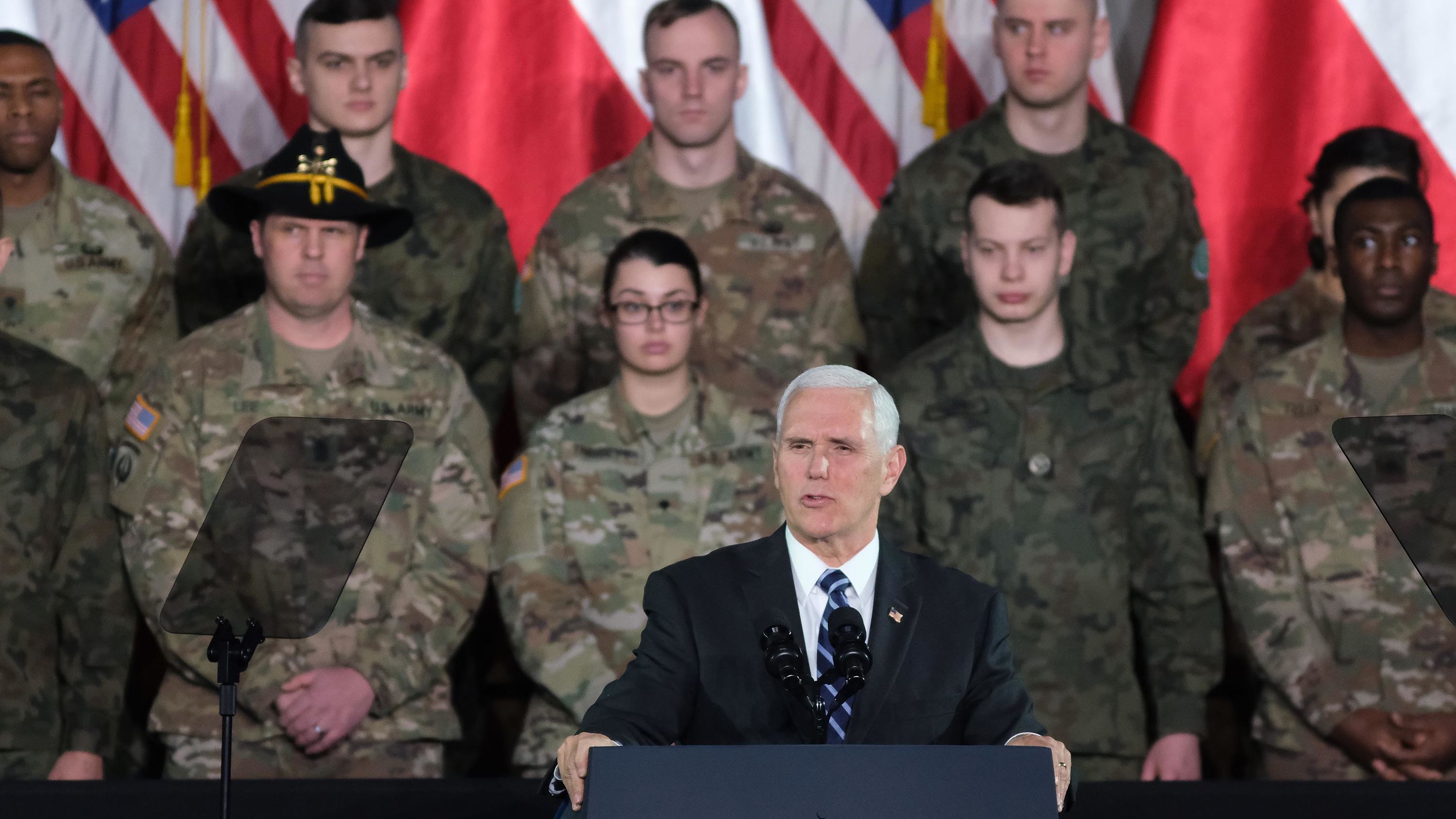Pence speaks while visiting US and Polish soldiers at a military base in Warsaw, Poland, in February 2019.