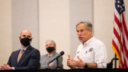 Texas Gov. Greg Abbott speaks during a visit to Lake Jackson, Texas on Tuesday, Sept. 29, 2020. A Houston-area official says it will take 60 days to ensure a city drinking water system is purged of a deadly, microscopic parasite that led to warnings over the weekend not to drink tap water. Lake Jackson City Manager Modesto Mundo said Monday that three of 11 samples of the city's water indicated preliminary positive results for the naegleria fowleri microbe. (Marie D. De Jesús/Houston Chronicle via AP)