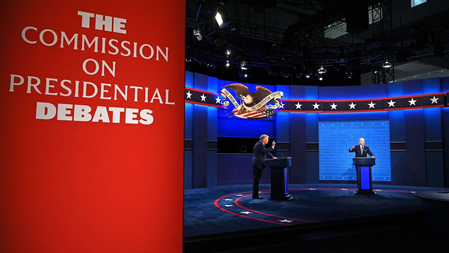 Donald Trump and Joe Biden speak during the first presidential debate at the Case Western Reserve University and Cleveland Clinic in Cleveland, Ohio on September 29, 2020. 