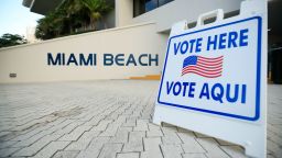 MIAMI BEACH, FL  - MARCH 17: A sign directs voters to a polling location during the Florida presidential primary on March 17, 2020 at Miami Beach City Hall in Miami Beach, Florida. People are heading to the polls to vote for their Republican and Democratic choice in their parties' respective primaries during the COVID-19 outbreak.  (Photo by Cliff Hawkins/Getty Images)