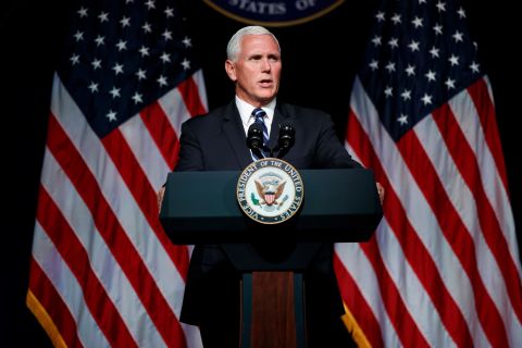 Vice President Mike Pence speaks at the Pentagon in August 2018. He was calling for the establishment of a Space Force as a sixth branch of the US Armed Forces.