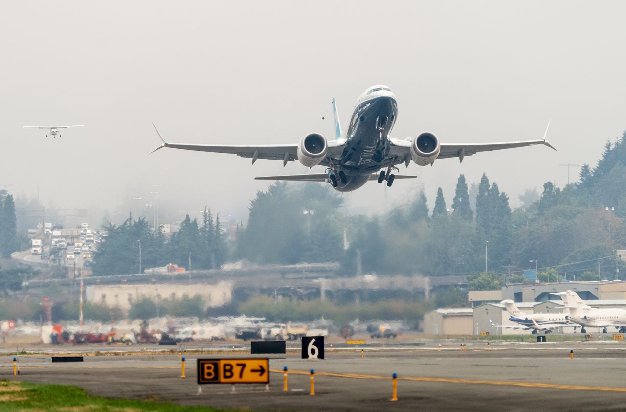 A Boeing 737 MAX piloted by FAA Chief Steve Dickson takes off during a test flight on September 30 in Seattle.