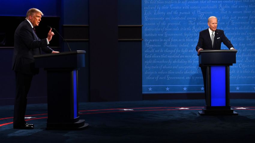 US President Donald Trump (L) and Democratic Presidential candidate and former US Vice President Joe Biden speak during the first presidential debate at the Case Western Reserve University and Cleveland Clinic in Cleveland, Ohio on September 29, 2020. (Photo by JIM WATSON / AFP) (Photo by JIM WATSON/AFP via Getty Images)