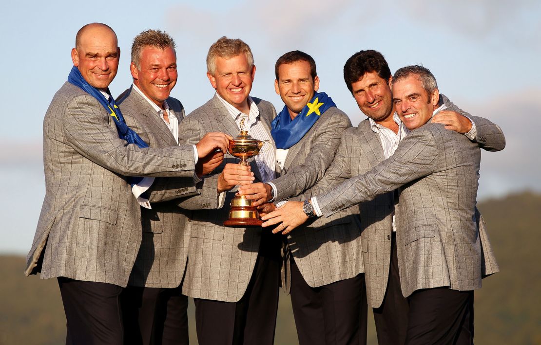 Garcia (3rd R) celebrates winning the 2010 Ryder Cup.