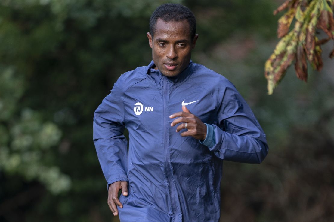 Ethiopian Kenenisa Bekele trains ahead of the London Marathon on Sunday. The 40th Race will take place on a closed-loop circuit around St James's Park in central London.