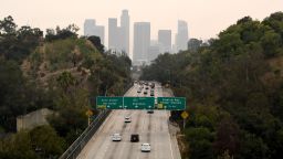 A view of downtown Los Angeles looking south along the 110 freeway through the smoke from the Bobcat and the El Dorado fires with poor air quality in Los Angeles on Friday, September 11, 2020. (Photo by Keith Birmingham/MediaNews Group/Pasadena Star-News via Getty Images)