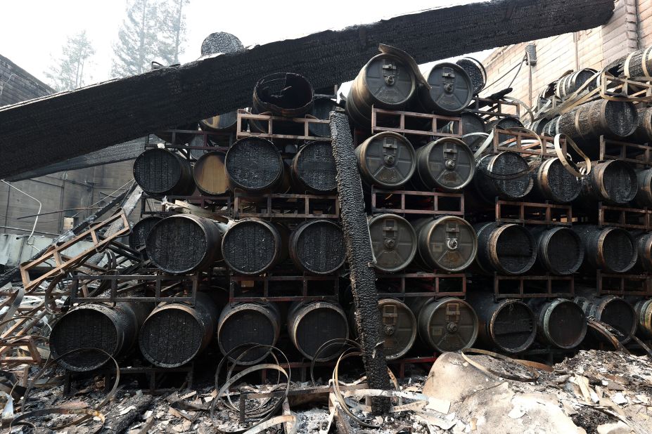 Damaged wine barrels sit stacked at the Fairwinds Estate Winery in Calistoga on September 29, 2020.