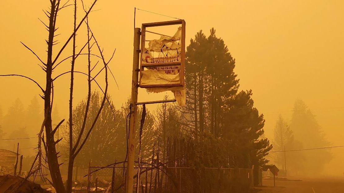 The burnt remains of Canyon Cannabis' sign. The Gates, Oregon, dispensary was destroyed Sept. 8 by the Beachie Creek Fire.