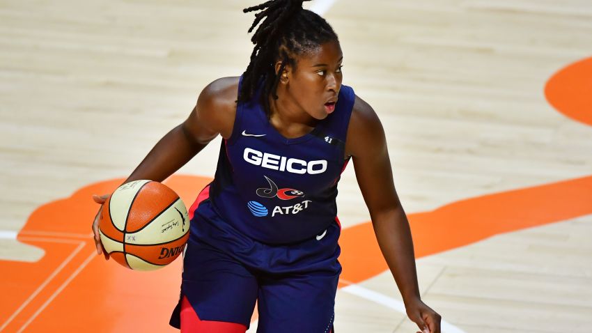 PALMETTO, FLORIDA - SEPTEMBER 15: Ariel Atkins #7 of the Washington Mystics dribbles in the first quarter against the Phoenix Mercury during Game One of their First Round playoff at Feld Entertainment Center on September 15, 2020 in Palmetto, Florida. NOTE TO USER: User expressly acknowledges and agrees that, by downloading and or using this photograph, User is consenting to the terms and conditions of the Getty Images License Agreement. (Photo by Julio Aguilar/Getty Images)