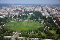 An aerial view of the White House and the Ellipse in Washington, DC.
