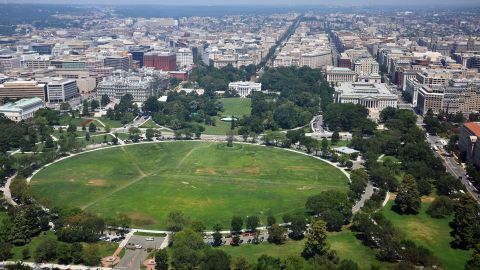An aerial view of the White House and the Ellipse in Washington, DC.
