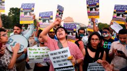 Demonstrators shout slogans during a protest following accusations of Indian Police forcibly cremating the body of a 19-year-old woman victim, who was allegedly gang-raped by four men in Bool Garhi village of Uttar Pradesh state, near India Gate in New Delhi on September 30, 2020. - Indian police were accused on September 30 of forcibly cremating the body of a 19-year-old alleged gang-rape victim as anger grew over the latest horrific sexual assault to rock the country. The teenager from India's marginalised Dalit community suffered serious injuries in a brutal sexual attack two weeks ago, according to her family and police, and died at a New Delhi hospital on September 29. (Photo by Sajjad HUSSAIN / AFP) (Photo by SAJJAD HUSSAIN/AFP via Getty Images)