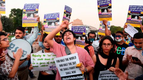Protesters gather in New Delhi on September 30 after a 19-year-old woman died from an alleged gang rape in Uttar Pradesh, India. 