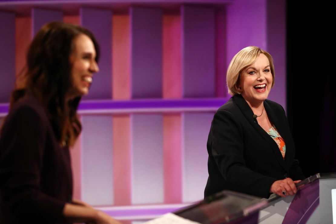 National leader Judith Collins (R) and Prime Minister Jacinda Ardern (L) during the first leaders' debate on September 22 in Auckland, New Zealand.