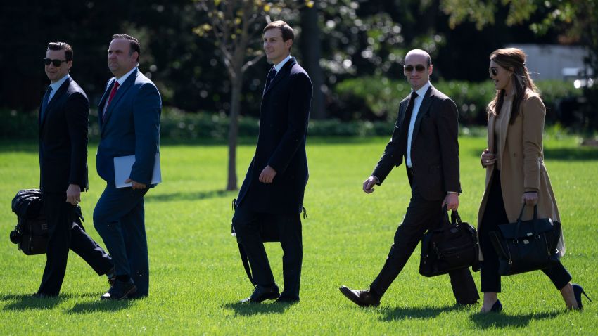 (L-R) Assistant to the President and Director of Oval Office Operations Nicholas Luna, Assistant to the President and Deputy Chief of Staff for Communications Dan Scavino,  Senior Advisor to the President of the United States Jared Kushner, Senior Advisor to the President Stephen Miller, and counselor to President Hope Hicks walk to Marine One to depart from the South Lawn of the White House in Washington, DC on September 30, 2020. (Photo by ANDREW CABALLERO-REYNOLDS / AFP) (Photo by ANDREW CABALLERO-REYNOLDS/AFP via Getty Images)