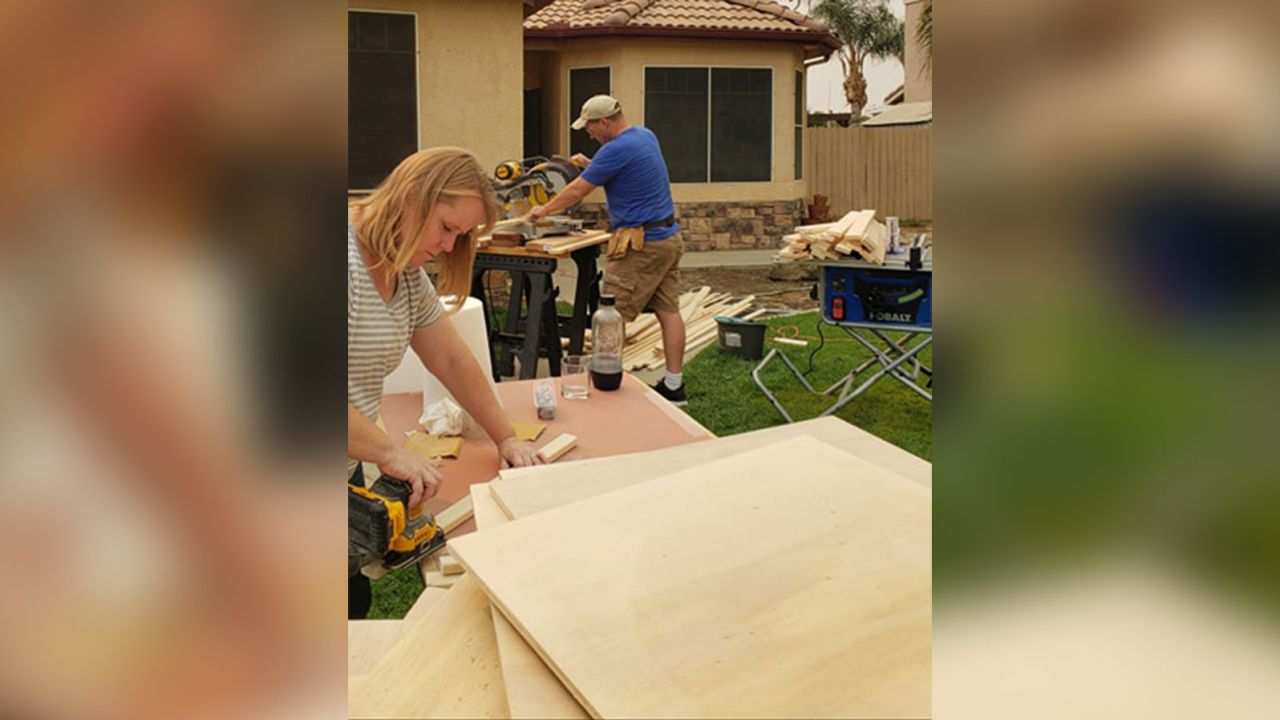 Mitchell and his wife Janessa built five to six desks a day in their front yard for a week.