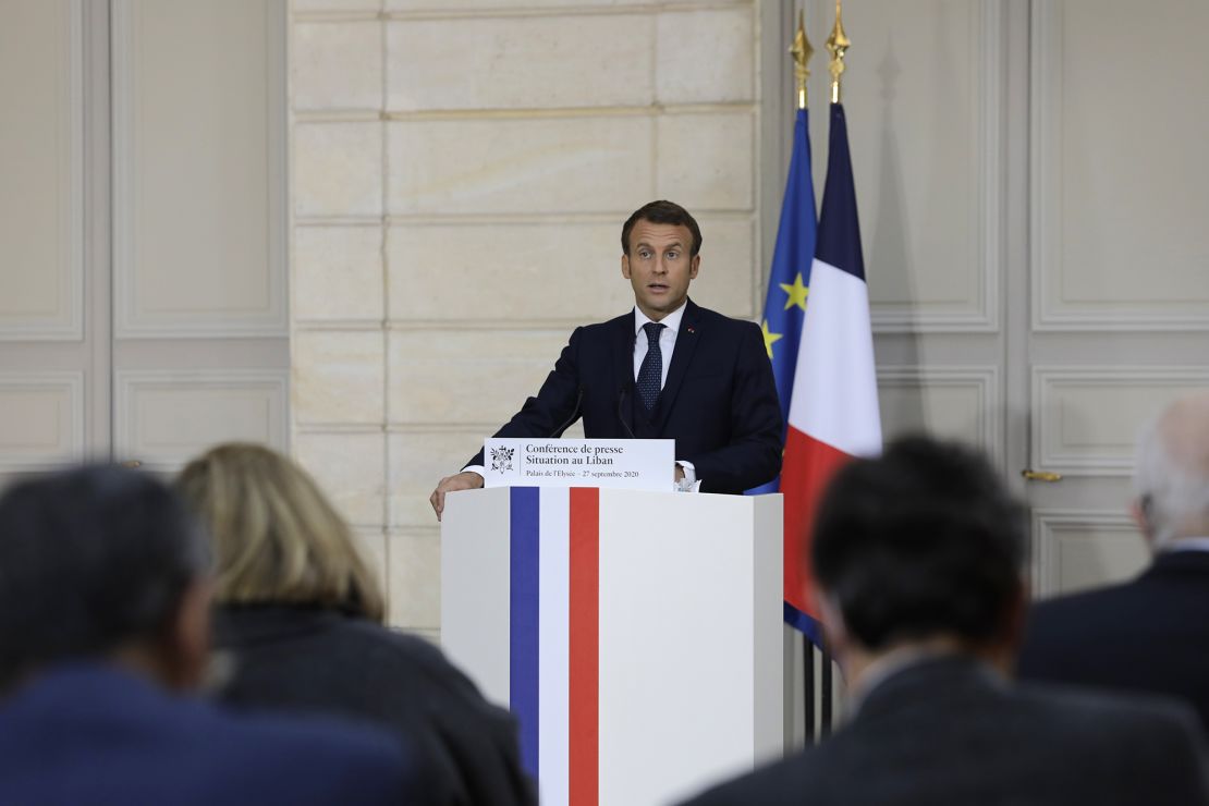 French President Emmanuel Macron speaks during a press conference about Lebanon on September 27 in Paris.