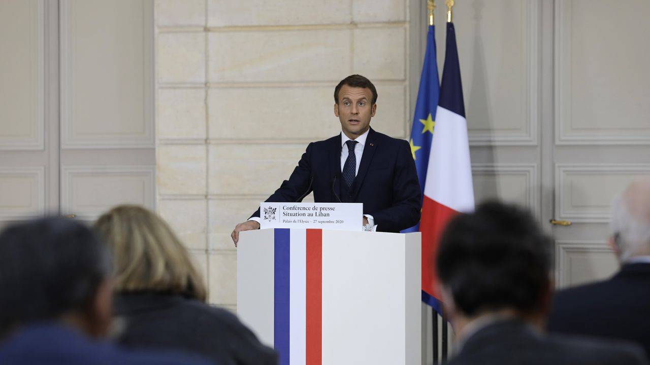 French President Emmanuel Macron speaks during a press conference about Lebanon on September 27 in Paris.