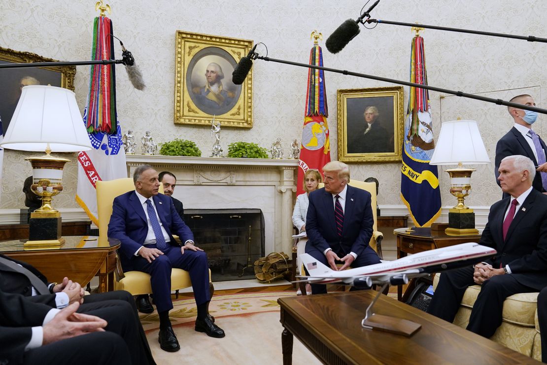 Iraqi Prime Minister Mustafa al-Kadhimi speaks as he meets with President Donald Trump in the Oval Office on August 20, 2020, in Washington. 