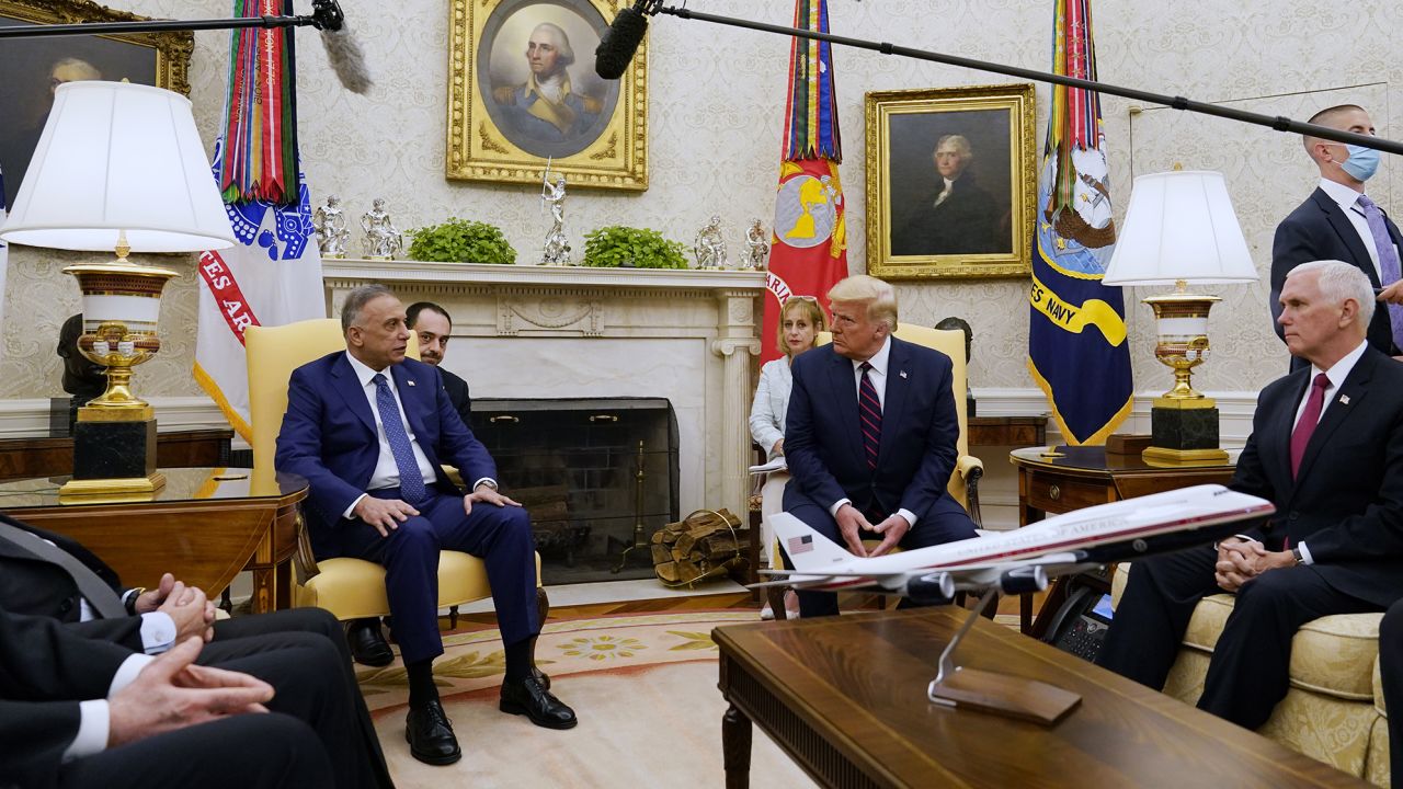 Iraqi Prime Minister Mustafa al-Kadhimi speaks as he meets with President Donald Trump in the Oval Office on August 20, 2020, in Washington.