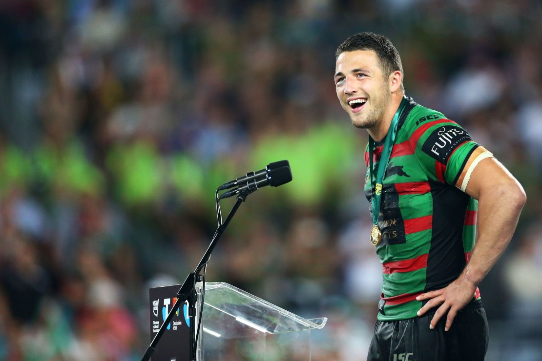 Burgess receives the Clive Churchill medal after the NRL Grand Final in 2014.