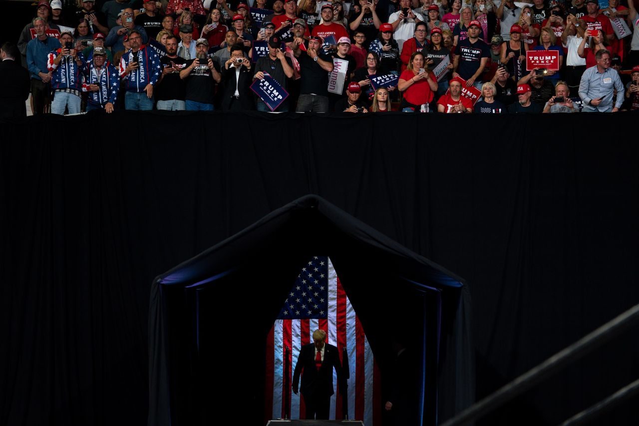 Trump arrives to speak at a campaign rally in Phoenix in February 2020.
