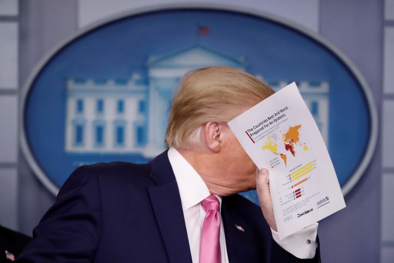 Trump holds a news conference about the coronavirus outbreak in February 2020. He defended the White House's response to the outbreak, stressing the administration's ongoing efforts and resources devoted to combating the virus.