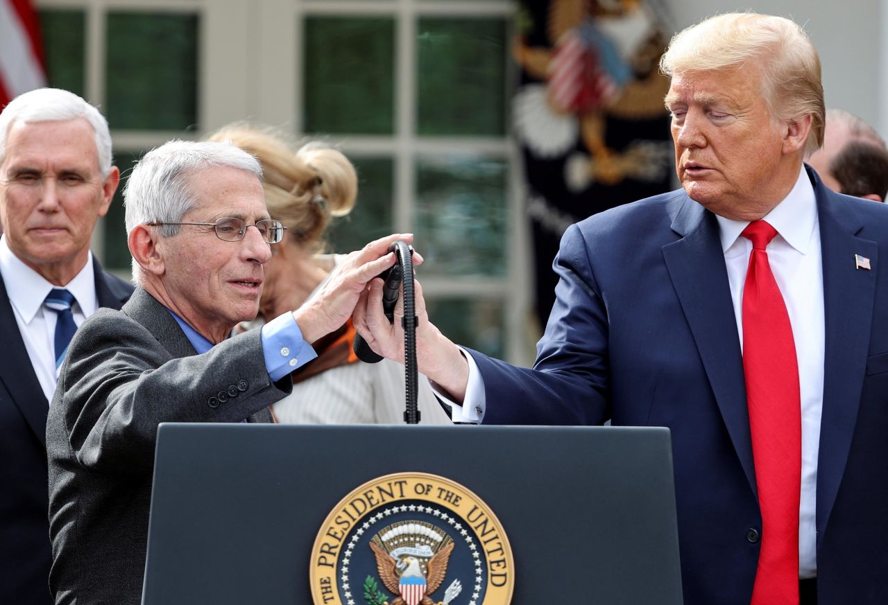 Trump introduces Dr. Anthony Fauci, director of the National Institute of Allergy and Infectious Diseases, after Trump declared the coronavirus pandemic to be a national emergency in March 2020.
