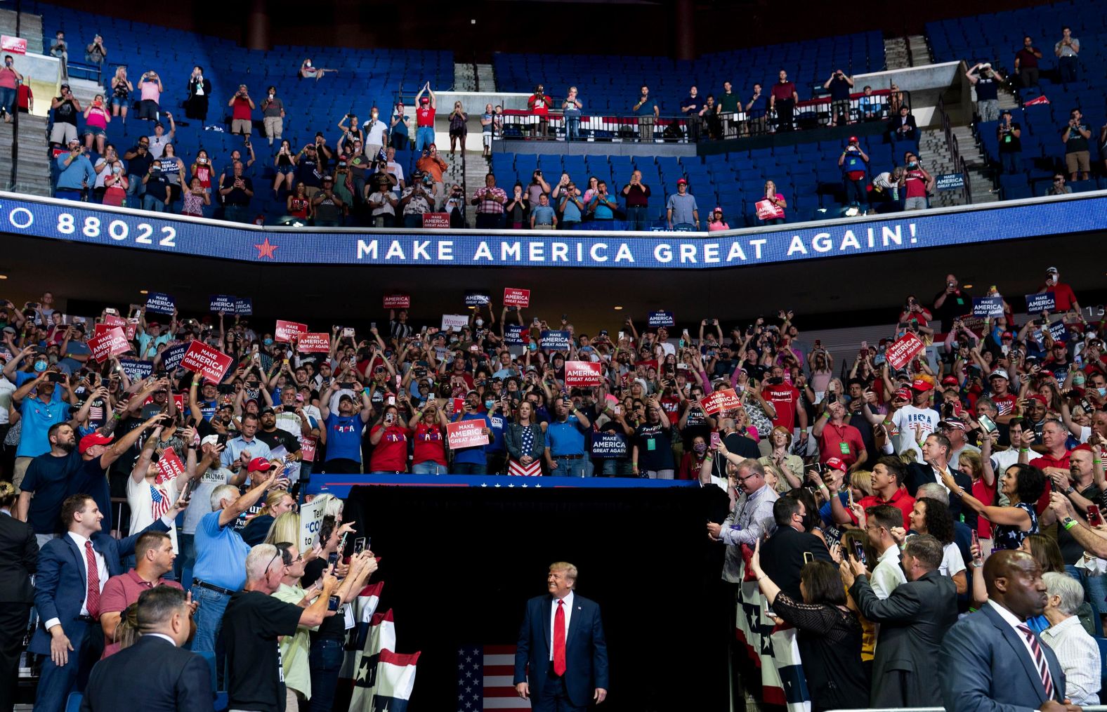 Trump arrives at <a href="index.php?page=&url=http%3A%2F%2Fwww.cnn.com%2F2020%2F06%2F20%2Fpolitics%2Fgallery%2Ftrump-rally-tulsa%2Findex.html" target="_blank">his campaign rally</a> in Tulsa, Oklahoma, in June 2020. It was his first rally since the start of the coronavirus pandemic, and the indoor venue <a href="index.php?page=&url=https%3A%2F%2Fwww.cnn.com%2F2020%2F06%2F20%2Fpolitics%2Fdonald-trump-rally-tulsa-coronavirus%2Findex.html" target="_blank">generated concerns</a> about the potential spread of the virus. <a href="index.php?page=&url=https%3A%2F%2Fwww.cnn.com%2F2020%2F06%2F21%2Fpolitics%2Ftrump-rally-tulsa-attendance%2Findex.html" target="_blank">About 6,200 people showed up</a> to the BOK Center, which seats 19,199.