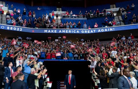 Trump arrives at <a href="http://www.cnn.com/2020/06/20/politics/gallery/trump-rally-tulsa/index.html" target="_blank">his campaign rally</a> in Tulsa, Oklahoma, in June 2020. It was his first rally since the start of the coronavirus pandemic, and the indoor venue <a href="https://www.cnn.com/2020/06/20/politics/donald-trump-rally-tulsa-coronavirus/index.html" target="_blank">generated concerns</a> about the potential spread of the virus. <a href="https://www.cnn.com/2020/06/21/politics/trump-rally-tulsa-attendance/index.html" target="_blank">About 6,200 people showed up</a> to the BOK Center, which seats 19,199.