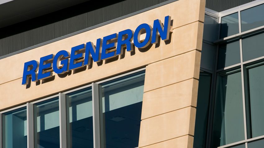 A logo sign outside of the headquarters of Regeneron Pharmaceuticals, Inc., in Tarrytown, New York on November 21, 2015. Photo by Kristoffer Tripplaar *** Please Use Credit from Credit Field ***