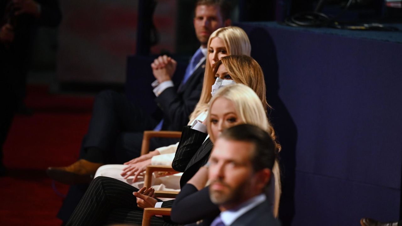 (From top) Eric Trump, son of the US President, daughter and Senior Advisor to the US President Ivanka Trump, US First Lady Melania Trump, daughter of the US President Tiffany Trump and Donald Trump Jr., son of the US President, are seen ahead of the first presidential debate at the Case Western Reserve University and Cleveland Clinic in Cleveland, Ohio on September 29, 2020. (Photo by Jim WATSON / AFP) (Photo by JIM WATSON/AFP via Getty Images)