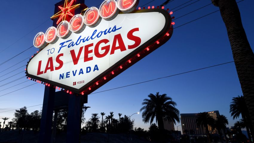 LAS VEGAS, NEVADA - MAY 05:  Red lights flicker around the 'Welcome to Fabulous Las Vegas' sign as part of a "red takeover" coinciding with the 37th National Travel and Tourism Week (NTTW) amid the coronavirus pandemic on May 5, 2020 in Las Vegas, Nevada. The U.S. Travel Association canceled IPW, its international trade show that was to be held in Las Vegas later this month, due to the spread of COVID-19. Chicago was scheduled to host IPW in 2021 but agreed to step aside to let Las Vegas hold the show next year, recognizing the city's reliance on tourism, travel and gaming. Today, because of the coronavirus's impact on travel, the association hosted its first-ever virtual road trip in support of NTTW's "Spirit of Travel" campaign, which highlights the industry's resilience and eventual economic recovery in the face of the pandemic. On Tuesday evening, The Las Vegas Convention and Visitors Authority had hotel-casinos and attractions along the Las Vegas Strip and in downtown Las Vegas lit red, this year's official color of NTTW, in a show of solidarity.  (Photo by Ethan Miller/Getty Images)