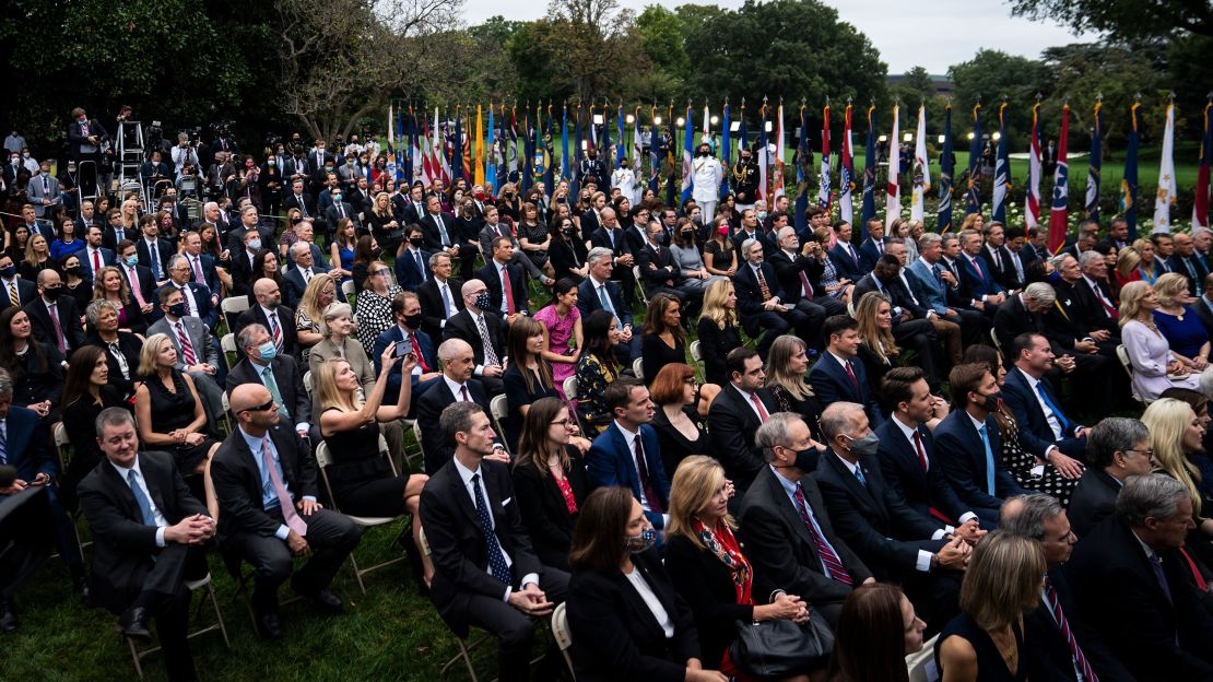 Staff and visitors listen as President Donald J. Trump speaks with Judge Amy Coney Barrett during a ceremony to announce Barrett as his nominee to the Supreme Court in the Rose Garden at the White House on Saturday, Sept 26, 2020 in Washington, DC. (Photo by Jabin Botsford/The Washington Post via Getty Images)