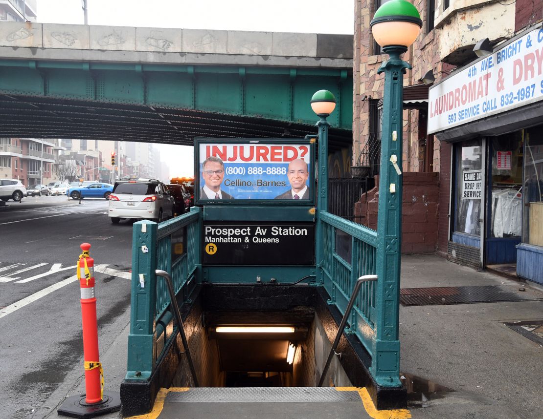 An advertisement for the Cellino & Barnes law firm at the the Prospect Avenue subway station in New York on  April 4, 2017.

