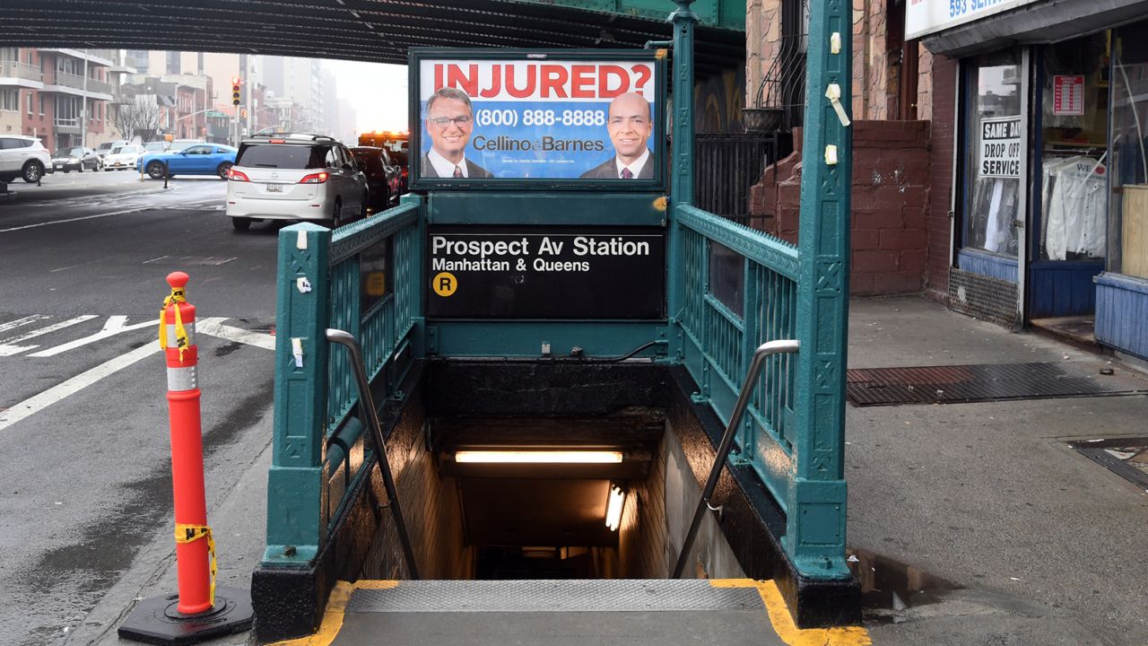 An advertisement for the Cellino & Barnes law firm at the the Prospect Avenue subway station in New York on  April 4, 2017.


