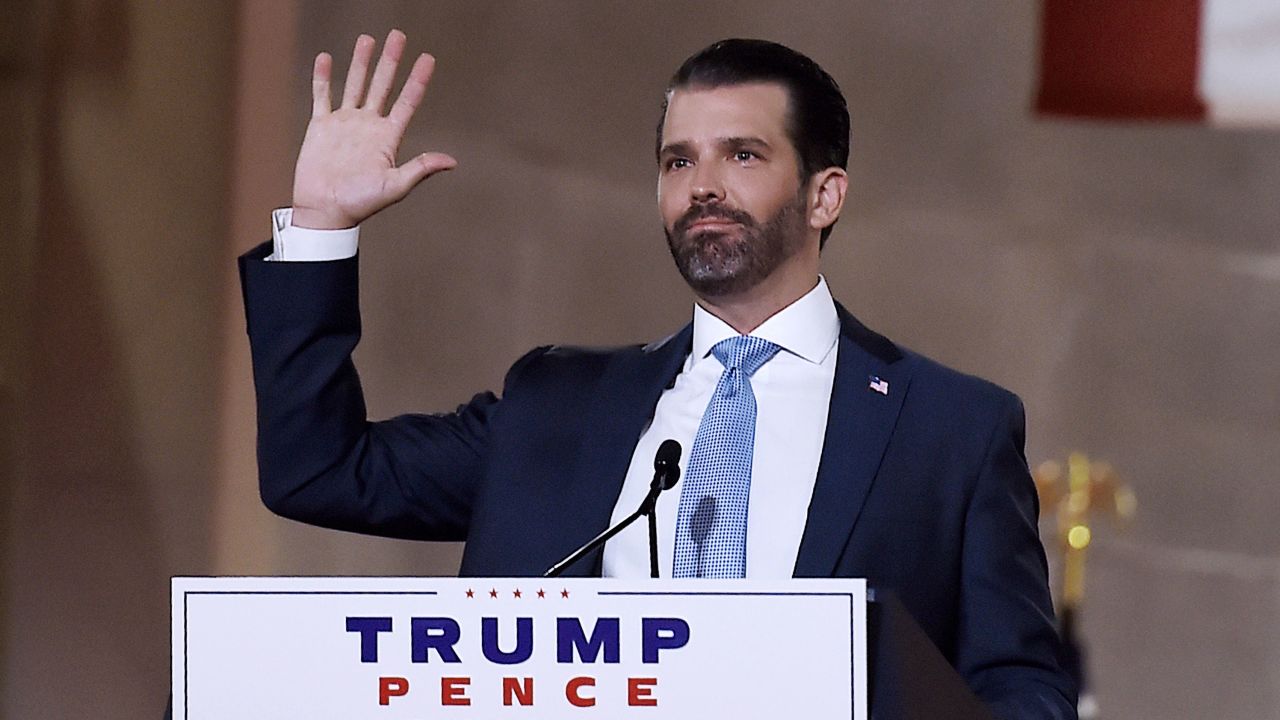 Donald Trump Jr. speaks during the first day of the Republican convention at the Mellon auditorium on August 24, 2020 in Washington, DC. 