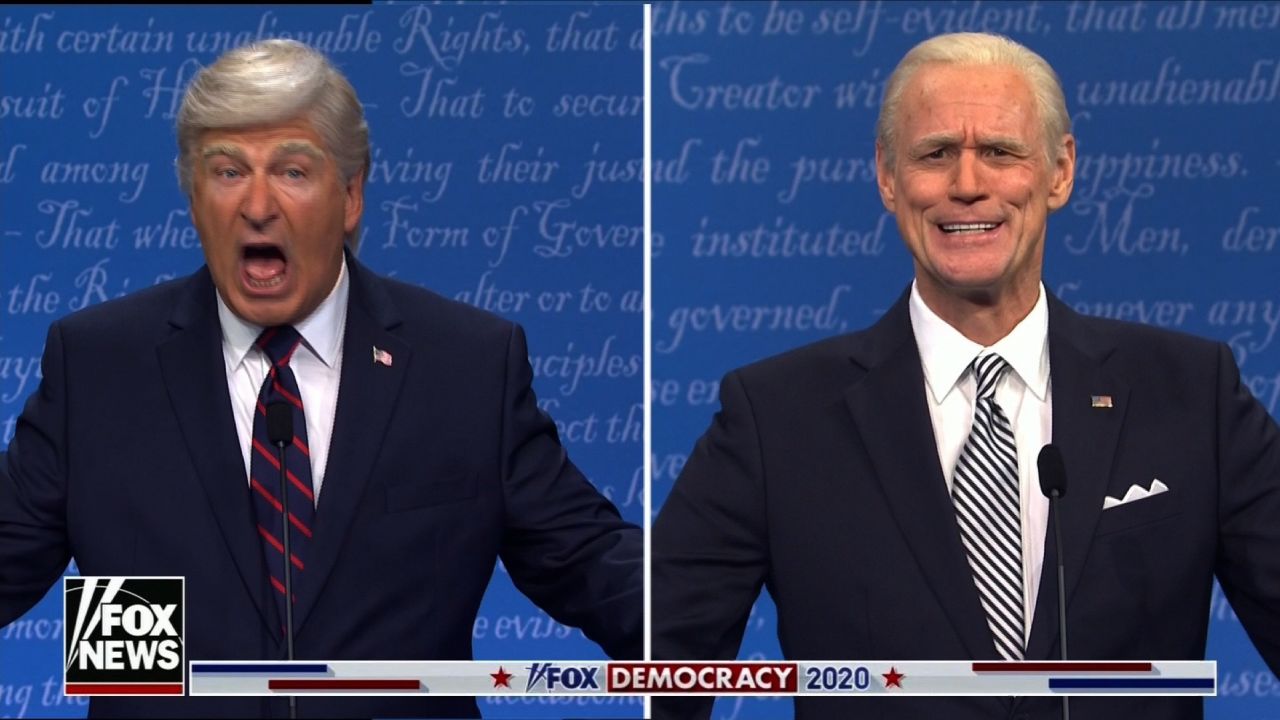 Jim Carrey as Joe Biden on "Saturday Night Live," alongside Alec Baldwin as Donald Trump.