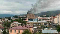 6348268 04.10.2020 Smoke rises after the recent shelling, in Stepanakert, the self-proclaimed Republic of Nagorno-Karabakh. The situation in Nagorno-Karabakh escalated on September 27, when Yerevan and Baku accused each other of provoking military hostilities. Dmitriy Vinogradov/Sputnik  via AP
