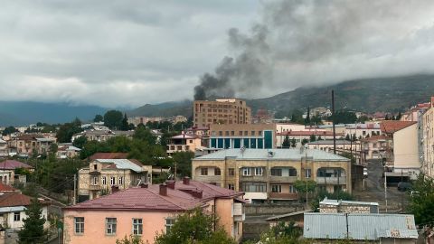 Smoke rises after the recent shelling, in Stepanakert, Nagorno-Karabakh. 