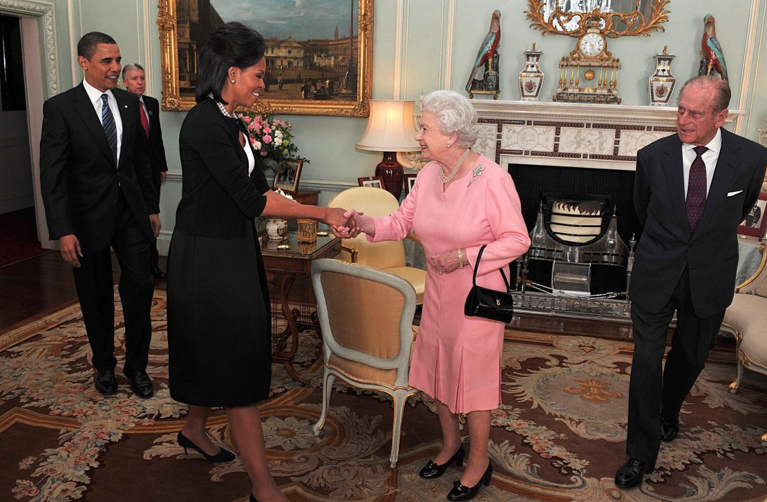 The Obamas meet with Queen Elizabeth II and Prince Philip, the Duke of Edinburgh in 2009. 