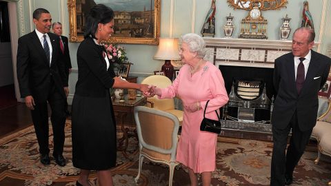 The Obamas meet with Queen Elizabeth II and Prince Philip, the Duke of Edinburgh in 2009. 