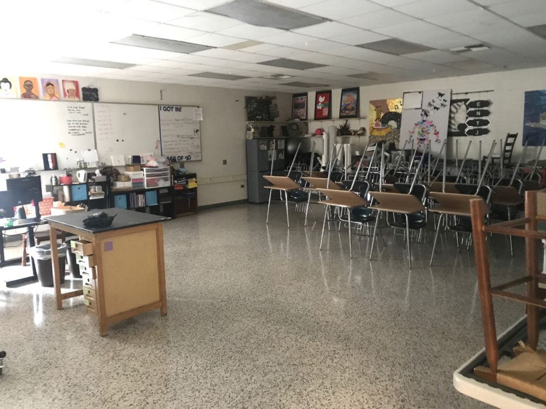 Gerianne Bartlett's classroom in Winston-Salem, NC, sits empty as she teaches students from home and works overtime to convert lessons to online formats.