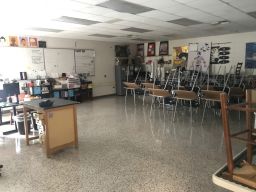 Gerianne Bartlett's classroom in Winston-Salem, NC, sits empty as she teaches students from home and works overtime to convert lessons to online formats.