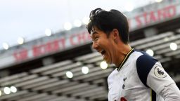 Tottenham Hotspur's South Korean striker Son Heung-Min celebrates scoring his team's fourth goal during the English Premier League football match between Manchester United and Tottenham Hotspur at Old Trafford in Manchester, north west England, on October 4, 2020. (Photo by Oli SCARFF / AFP) / RESTRICTED TO EDITORIAL USE. No use with unauthorized audio, video, data, fixture lists, club/league logos or 'live' services. Online in-match use limited to 120 images. An additional 40 images may be used in extra time. No video emulation. Social media in-match use limited to 120 images. An additional 40 images may be used in extra time. No use in betting publications, games or single club/league/player publications. /  (Photo by OLI SCARFF/AFP via Getty Images)