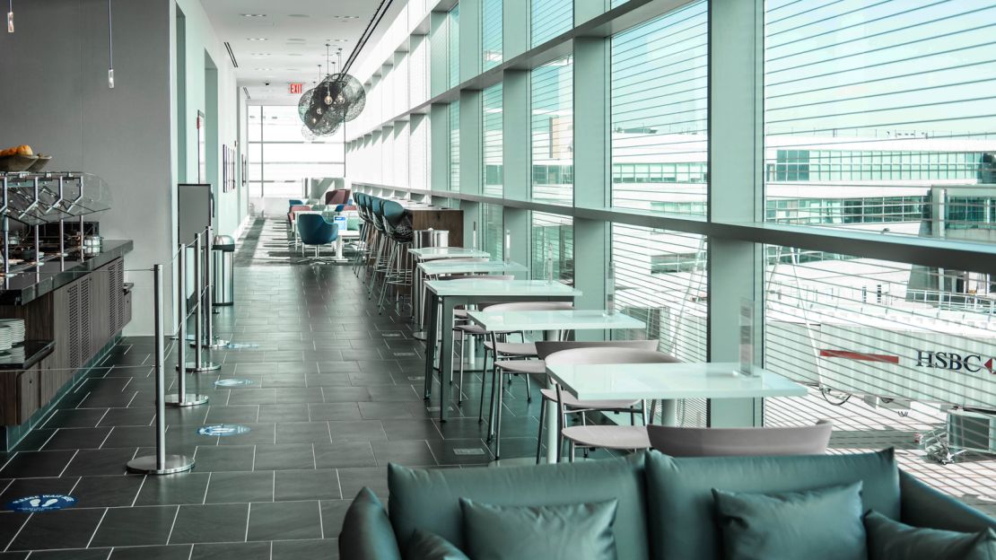 The primary seating area on the upper level of the Amex Centurion Lounge at JFK.