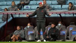 BIRMINGHAM, ENGLAND - OCTOBER 04: Jurgen Klopp, Manager of Liverpool reacts during the Premier League match between Aston Villa and Liverpool at Villa Park on October 04, 2020 in Birmingham, England. Sporting stadiums around the UK remain under strict restrictions due to the Coronavirus Pandemic as Government social distancing laws prohibit fans inside venues resulting in games being played behind closed doors. (Photo by Rui Vieira - Pool/Getty Images)